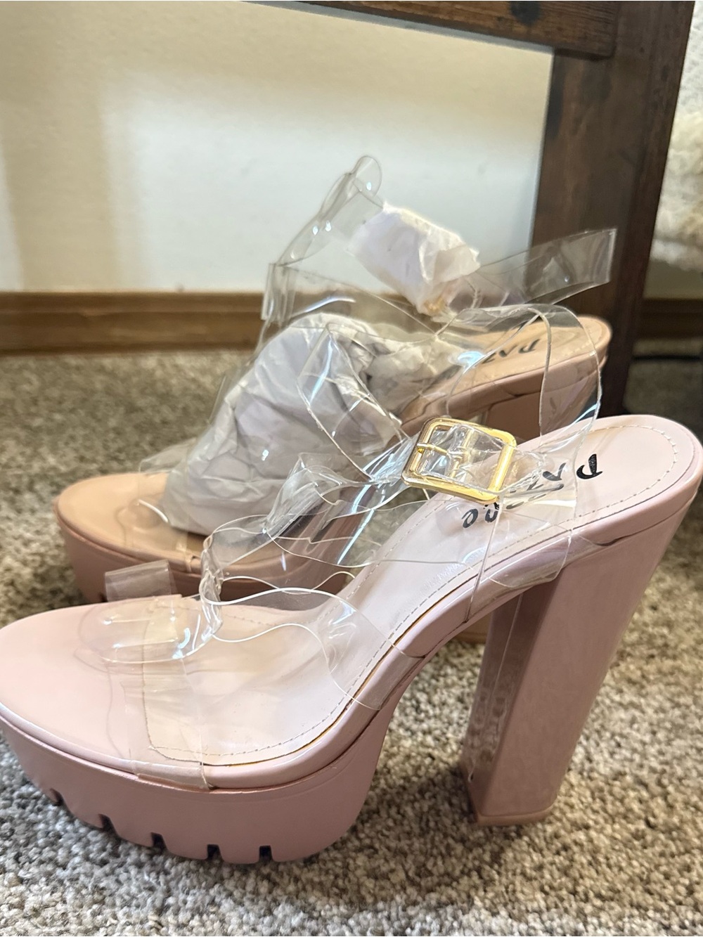 Clear-Strap Platform Block Heels in Blush Pink